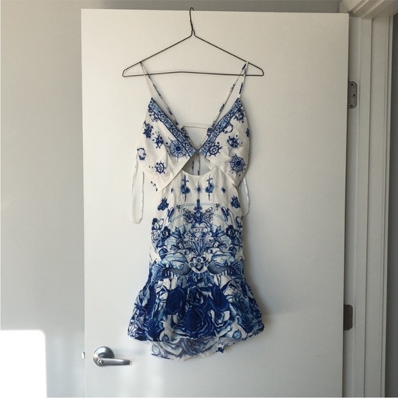 Bejeweled Linen Minidress with Cut Outs in Immortal Ink blue tattoo print - Picture 9 of 11